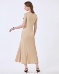 SIXDO G-Beige V-Neck Woven Flared Dress